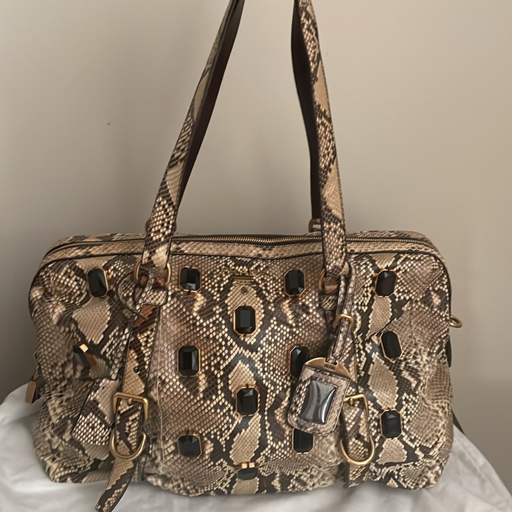 Prada Python Top Handle Bag with Crystal Embellishments, lock & key